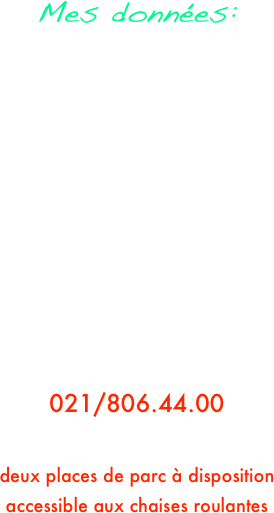 
Mes données:

Marc JENDLY
Physiothérapeute
Ostéopathe
Ch. des Vergers 1
1162 St-Prex

Sur Rendez-vous

021/806.44.00

deux places de parc à disposition
accessible aux chaises roulantes